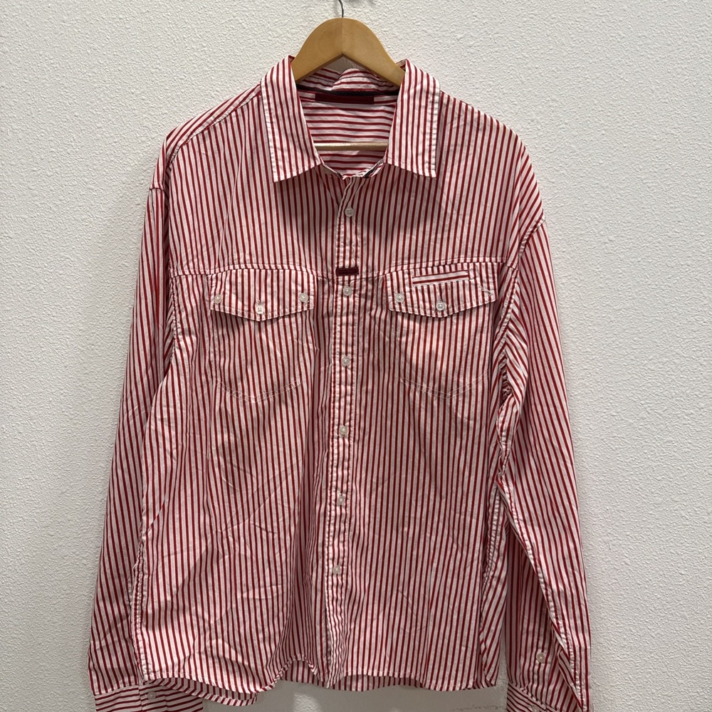 VTG Marithe Girbaud White Red Striped 2 Pocket Mens 2XL Y2K Button Down Shirt